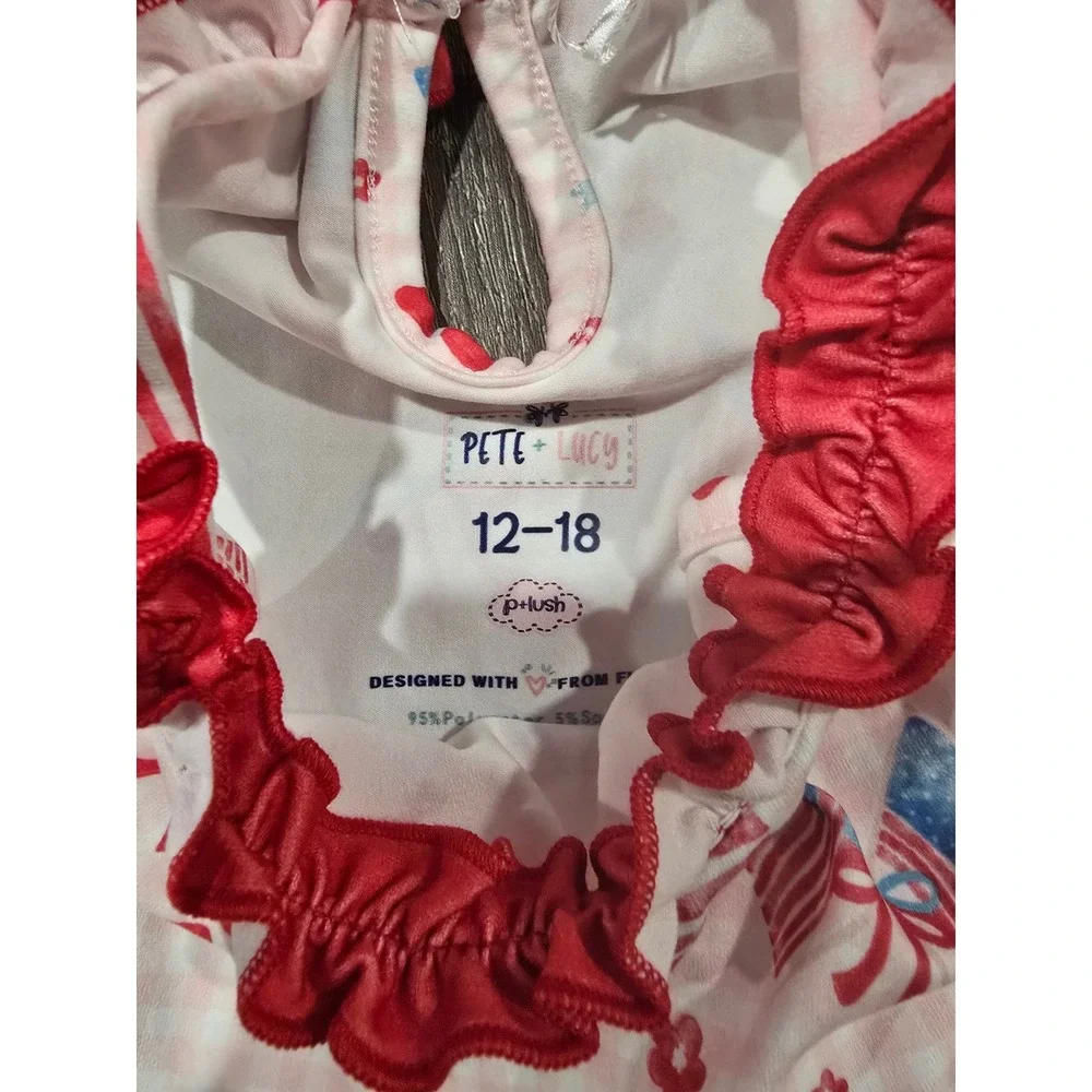 Pete + Lucy Girls Patriotic Flag Gingham Ruffle Dress Red White Blue 12-18 Month